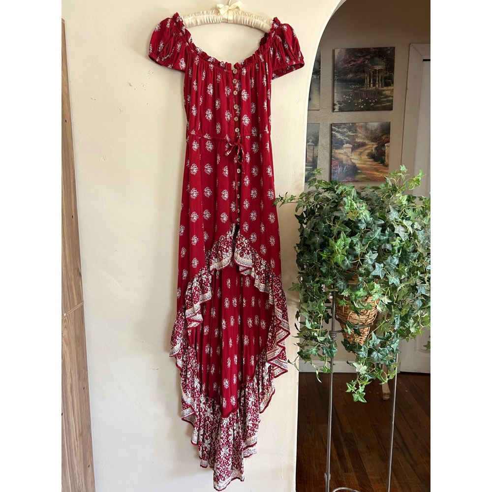 Vintage Havana Dress Womens Small Red High Low Boho Floral Gypsy Whimsical
